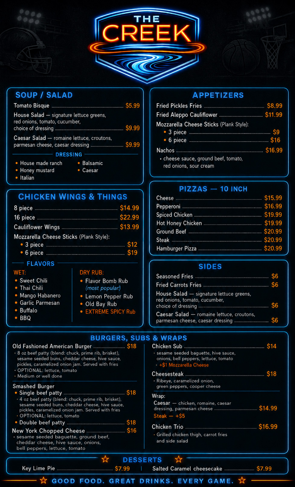 The Creek Sports Bar menu featuring soups, salads, wings, burgers, subs, appetizers, pizzas, sides, and desserts